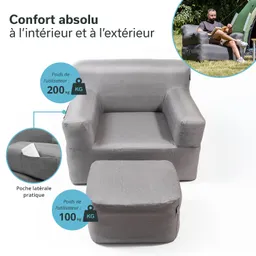 Grau gepolsterter Sessel mit einem passenden Hocker und seitlicher Tasche, für Innen- und Außenbereich geeignet.