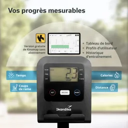 Display eines Fitnessgeräts von Skandika mit Funktionstasten und digitalen Messwerten, umgeben von symbolischen Informationen.