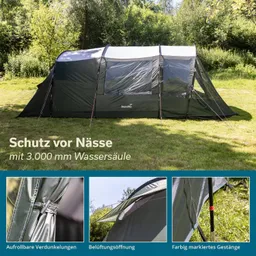 Zelt auf Rasenfläche mit Fenster und Aufrollbaren Verdunkelungen, umgeben von Bäumen. Textinformationen über Nässe- und Belüftungsschutz integriert.