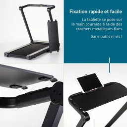Laufband mit Halterung für ein Tablet, die einfach montiert werden kann. Detaillierte Ansichten der Halterung und Mechanik.