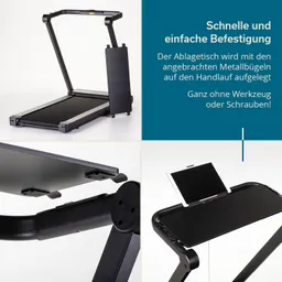 Ein Laufband mit einem abnehmbaren Ablagetisch, der auf dem Handlauf montiert ist. Sichtbare Metallbügel und ein Tablethalter.