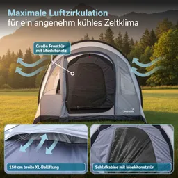 Zelt mit großer Fronttür und Moskitonetz, sichtbar in einer landschaftlichen Umgebung. Zusätzliche Details zu Belüftung.