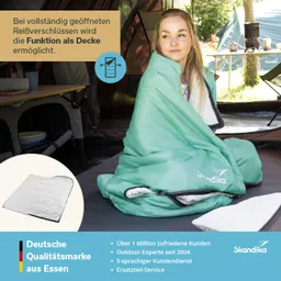 Eine Person sitzt in einem grünen Schlafsack, der teilweise geöffnet ist. Im Hintergrund sind Zelte und Campingmöbel sichtbar.