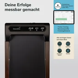 Schwarzes Fitnessgerät mit digitaler Anzeige und Holzverkleidung Informationen über Zeit, Kalorien, Geschwindigkeit und Distanz.