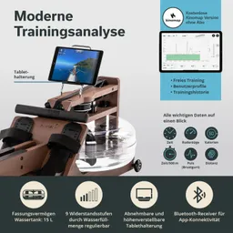 Holzgerüst eines Rudergerät mit Wassertank, Tablet-Halterung und mehreren Zusatzinformationen. Grafiken zu Funktionen sichtbar.