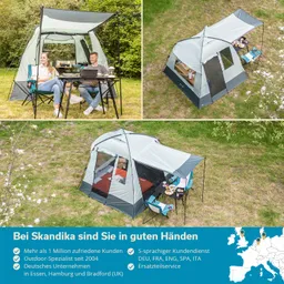 Zelt im Freien mit zwei Personen an einem Tisch, umgeben von Grün. Oben links ein größerer Pavillon, rechts eine Zeltansicht.