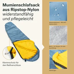 Mummy-Schlafsack aus Ripstop-Nylon in Blau und Gelb, mit Wasserabweisend, Kälteschutz und Reißverschlussdetails.