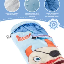 Ein blauer Schlafsack mit einem tierisch gestalteten Kopf, der Augen und Ohren zeigt. Diverse Materialienigenschaften sind aufgelistet.