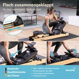 Fitnessgerät mit Holzrahmen, im Bild eine Person, die es zusammenklappt. Informationen über die Marke und Serviceleistungen.