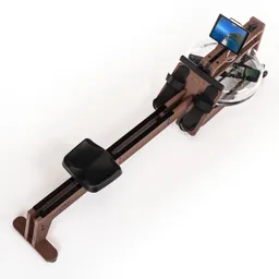 Rudergerät aus Holz mit einem transparenten Wasserbehälter und einem Halter für ein mobiles Gerät.