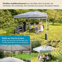 Ein Faltzelt steht auf einer grünen Wiese. Unter dem Zelt sitzen mehrere Personen an einem Tisch mit Essen. Eine Person steht am Grill. Bäume umgeben den Bereich.