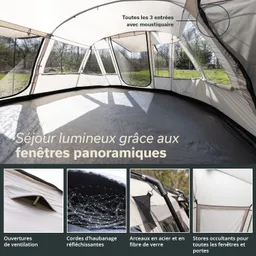 Innenraum eines Zeltes mit Fenstern für viel Licht. Elemente wie Belüftungsöffnungen und reflektierende Seile sind sichtbar.