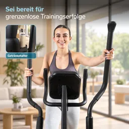Eine Person lächelt, während sie an einem Fitnessgerät steht. Im Hintergrund ist ein Getränkehalter sichtbar.