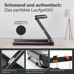 Laufband in einem modernen Raum, mit einer stoßdämpfenden Oberfläche und Bedienelementen, einschließlich Handpulssensoren.