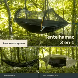 Hängematte mit Moskitonetz in einem Wald, daneben zwei weitere Varianten: eine einfache Hängematte und eine mit Regenabdeckung.