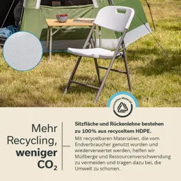 Klappstuhl aus recyceltem HDPE in einem grünen Zeltumfeld mit Holztisch und Obstschale. Text über Recycling.