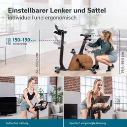 Einstellbares Fitnessbike mit wenigen sichtbaren Änderungen, inkl. Person, die den Sattel justiert, in einem modernen Raum.