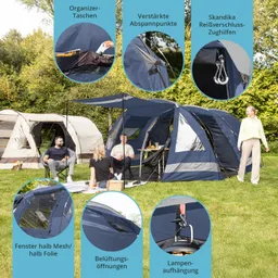 Zelt in einem Garten mit Personen, die auf Stühlen sitzen. Zahreiche Details wie Fenster, Taschen und Aufhängungen sind sichtbar.