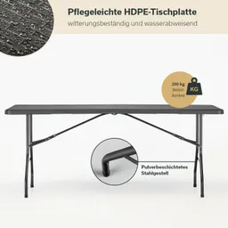 Ein rechteckiger Tisch mit einer schwarzen HDPE-Tischplatte, die Wasser abweist. Das Gestell ist aus pulverbeschichtetem Stahl.