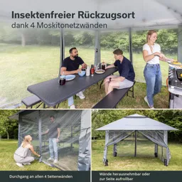 Ein überdachter Tisch mit zwei Personen, die Essen genießen. Eine dritte Person grillt. Moskitonetzwände umgeben den Bereich.