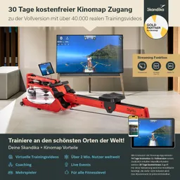 Rudergerät in Rot mit Glaskolben steht vor einem Fernseher, der ein Training in einer Naturlandschaft zeigt. Textinformationen zu Kinomap und Vorteilen.