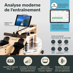 Holz-Rudergerät mit einem großen, transparenten Wasserbehälter, Tablet-Halterung und verschiedenen Anzeigeelementen für Training.