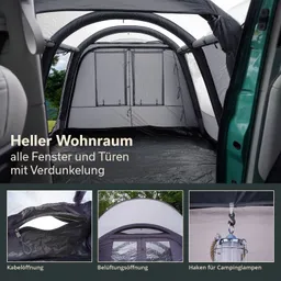 Geräumiges Zeltinnere mit weißen und grauen Wänden. Fenster und Türen mit Verdunkelungsmöglichkeiten. Zubehördetails unten.