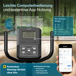 User Interface mit digitalem Display zeigt Zeit und Fitnessdaten. Smartphone mit App zur Unterstützung. Holzfußboden.