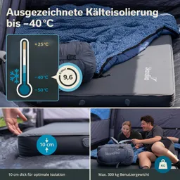 Isoliermatte und Schlafsack im Zelt, Thermometer zeigt bis -40 °C, Benutzergewicht bis 300 kg, 10 cm dicke Isolierung.