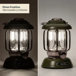 Tischlampe in zwei Farben: eine schwarz, die andere olivgrün. Beide zeigen warmweiße Lichtfarbe und Dimmfunktion.
