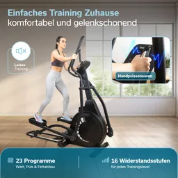 Person trainiert auf einem Ellipsentrainer in einem hellen Raum mit Fenstern. Grafiken zeigen Programme und Funktionen.
