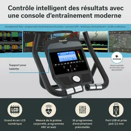 Moderne Trainingskonsole mit LCD-Display, Steuerungselementen und Tablet-Halterung. Informationen zu Trainingsprogrammen und -historie.