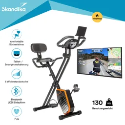 Fahrrad mit bequemer Rückenlehne, Tablet-/Smartphonehalterung, LCD-Bildschirm und Monitor mit Navigationsansicht.