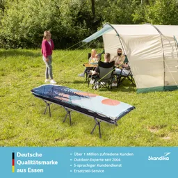 Zelt im Freien mit mehreren Personen, die auf Stühlen sitzen. Eine Person steht neben einem Feldbett. Grüne Wiese im Hintergrund.