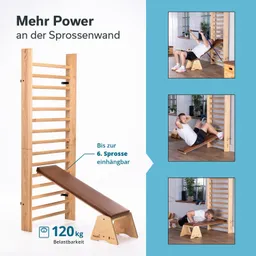 Eine Sprossenwand aus Holz mit einer gepolsterten Bank davor. Neben der Wand sind drei Bilder von Personen, die Übungen ausführen. Beschreibung und Belastbarkeit sind angegeben.