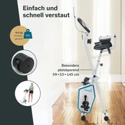 Faltbares Heimtrainer-Gerät in modernem Design, auf einem Holzboden abgebildet. Angaben zu Gewicht und Maßen sind sichtbar.