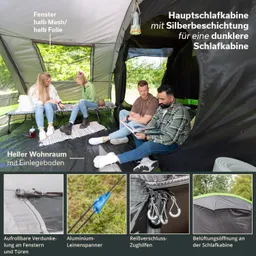 Zeltinnenraum mit vier Personen, zwei Liegen, Teppich und Fenstern. Detailansichten von Zeltfunktionen.