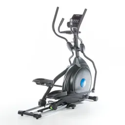 Ellipsentrainer in Schwarz mit blauer Abdeckung, Handgriffen und Trainingscomputer an der Vorderseite.