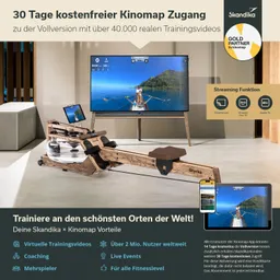 Wasser-Rudergerät aus Holz vor einem Fernseher, der eine Trainingsvideo-Szene zeigt. Informationen zu Kinomap-Zugang und Vorteilen.
