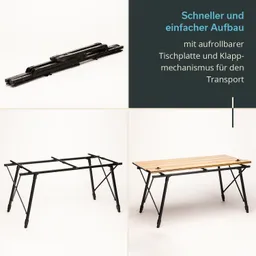 Klappbarer Tisch mit schwarzem Gestell und Holzplatte, in drei Phasen: zusammengelegt, im Aufbau und einsatzbereit.