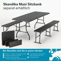 Schwarze klappbare Sitzbank und Tisch in verschiedenen Größen, Hintergrund hell. Informationen und Logos am unteren Rand.