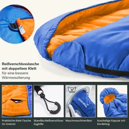 Blaue Schlafsack mit orangenem Innenfutter, Reißverschluss und Klettverschluss. Detailansichten von Taschen und Kapuze.
