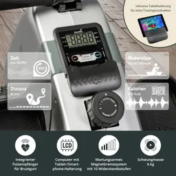 Rudergerät mit Digitaldisplay und Tablet-Halterung. Informationen zu Zeit, Distanz, Ruderzügen und Kalorien sind sichtbar.