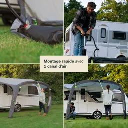 Auf dem Bild sind verschiedene Ansichten eines Aufstellzeltes zu sehen. In einer Ecke wird ein Luftschlauch zum Aufpumpen des Zeltes gezeigt. Eine Person pumpt das Zelt auf, während eine andere Person es an einem Wohnmobil befestigt.