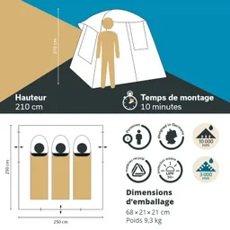 Zelt mit Abmessungen, Aufbaubezeichnung und Platz für drei Personen. Höhe 210 cm, Montagezeit 10 Minuten, Gewicht 9,3 kg.