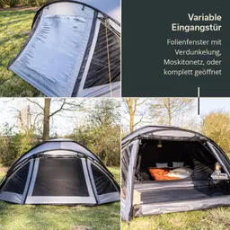 Zelt mit variablem Eingang, Folienfenster, Moskitonetz und verschiedenen Öffnungsvarianten. Inneneinrichtung mit Bett und Tisch.