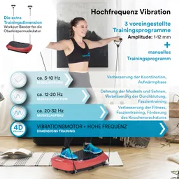 Vibrationsplatte in roter Ausführung mit einer Person, die mit Widerstandsbändern trainiert, umgeben von Wohnambiente.