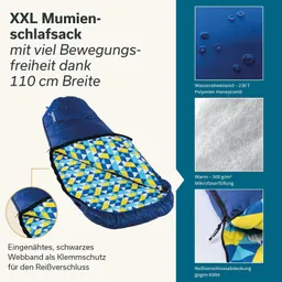 XXL Mumien-Schlafsack in Blau mit buntem geometrischem Innenfutter, Informationen zu Materialien und Funktion.