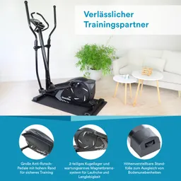 Ellipsentrainer auf einer Matte in einem modernen Raum mit Pflanzen und einem Couchtisch. Weißer Hintergrund.