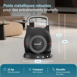 Ein kompakter, schwarzer Kettlebell mit einem Edelstahlgriff, auf einem neutralen Boden. Maße und Gewicht sind angegeben.